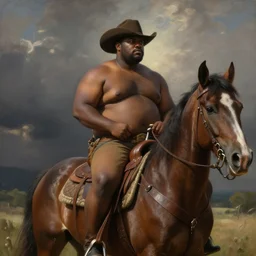 a dramatic ethereal epic painting of a handsome black chubby shirtless cowboy on a horse | homoerotic, highly detailed, realistic, dramatic lighting | by Mark Maggiori, by William Herbert Dunton, by Charles Marion Russell | trending on artstation