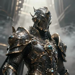 a sci fi close up portrait of a shadow mage with massive metal ornaments protruding from armor, majestic and futuristic, high detail, cyber - medieval, ornate metal, unreal engine, octane render, art by vitaly bulgarov artstation, destiny concept art, fog volumes, pinterest hard surface, post processing, cgsociety