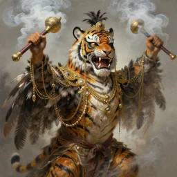 masterful fantastic realist painting an exotic ancient feathered and bejeweled bird wearing an exquisitely painted bugaku mask of a tiger, gold chains strung like tinsel, viciously blinded, bugaku tiger cosplay, roaring bugaku tiger, swinging holy censors with thick smoke, digital painting trending on artstation, volumetric lighting and mist, 3 / 4 portrait painting, hyper