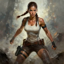 exhausted Lara Croft after a battle, dirty sweaty face, epic stance posing, very very epic painting by Boris Vallejo