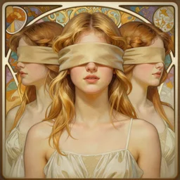 blindfold handsome young women with shoulder length blonde hair, symmetrical, half body shot, path traced, highly detailed, high quality, digital painting, alena aenami, lilia alvarado, shinji aramaki, karol bak, alphonse mucha, tom bagshaw