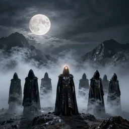 the nazgul, the nine, ring wraiths, smoky, foggy, death, they are all in a semi circle on the mountain top, there is moonlight shining onto their hoods softly, it's cold, cinematic lighting, ultrarealistic, moody, ambience,