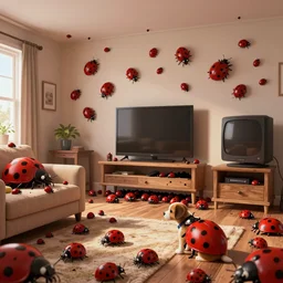 in a dim family room, thousands of killer ladybugs exit out of small hole at the bottom of a wall and are on every surface. ladybugs cover a sofa, tv, cover the wall ceiling floor and ladybugs cover a puppy. thousands of small ladybugs. digital art, superior quality, octane render, 8 k.