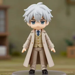 nendoroid aziraphale from good omens, good omens tv series, white curly short hair, long coat, beige suit, khaki tartan vest, michael sheen