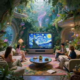 fantasy scifi multiversal singaporean living room, creative, lush magic, futuristic tv, lovely, divine, ethereal, euphoria, allegorical style, by peter mohrbacher, jeremy mann, francoise nielly, van gogh, ross tran, beautiful, award winning scenery