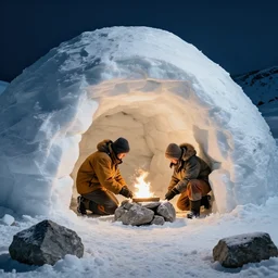 high resolution photograph of an eskimo building an igloo out of rock