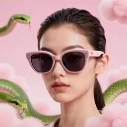 3 d close - up, fashion model in sunglasses, pink clouds background, green snakes, hyper detailed, photo realistic, vouge style photo, drops of clean water, octane render