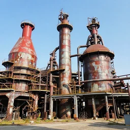 industrial ruins, ( ( ( ( bright primary color accents ) ) ) )