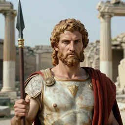 portrait of Achilles holding a spear, standing in ruins, fallen columns, highly detailed face, photo realistic, facial features, tom chambers photography