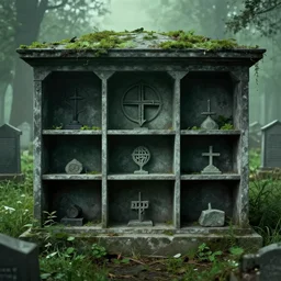 ossuary cemetary segmented shelves overgrown, graveyard, vertical shelves, zdzisław beksinski, hr giger, mystical occult symbol in real life, high detail, green fog