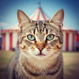 a cat portrait cross processed, double exposure with circus, vignetting, light leaks,