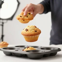 Someone dramatically transforming into a muffin, professional lighting