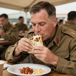 a 1 8 5 8 photo of general pitzer, a union general, eating a large burrito with cheese and salsa