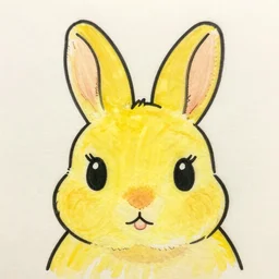 macro shot top view cute yellow rabbit ink drawing with oversized eyes and ears, concept art by miyazaki ghibli okinawa