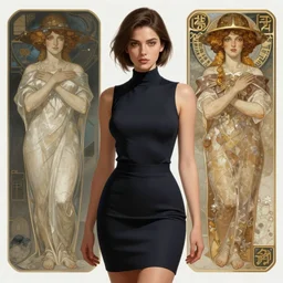 young attractive # business woman # in pencil miniskirt and sleeveless turtleneck, sci - fi, highly detailed, digital painting, artstation, concept art, smooth, sharp focus, illustration, art by artgerm and greg rutkowski and alphonse mucha, by rembrandt