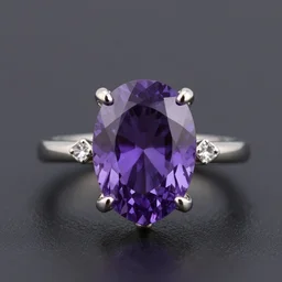a beautiful engagement ring, triangle purple gemstone, made out of shiny silver, high quality, photo realistic, detailed, 8k