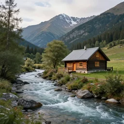 , a river running past a cozy cabin in the mountain, beautiful, hyper detailed, uhd, photography by marc adamus