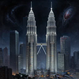 an alien mothership that looks like the twin towers, cosmic horror painting, elegant intricate digital painting artstation concept art by mark brooks and brad kunkle detailed