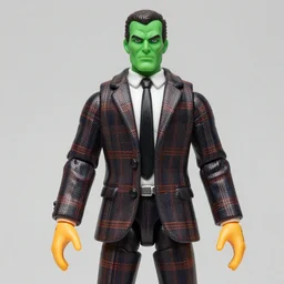 plastic wolfman action figure with green face dressed in a plaid suit. from 1 9 7 0 s