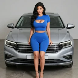 Kylie Jenner big bust wearing a blue crop top with big cleavage, full body shot, mk6 silver vw Jetta nearby, Realistic, 4k Resolution, 8k Resolution, Detailed, Very Detailed, Highly Detailed, HD Quality, gta v load screen, Trending on Artstation