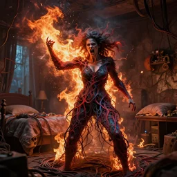 rgb, woman, bedroom full of fire, thunde, rage, cinematic, movie scene, inspired by zdzislaw beksinski, clothes made out of veins,, cables everywhere, bedroom, ultra realistic, concept art, intricate details, highly detailed, photorealistic, octane render, 8 k