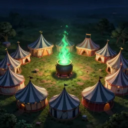 a magical circus in a field at night with ten huge tents in a circle formation that have black and white stripes, a giant cauldron that has a green flame in the center, digital art, trending on artstation, 4 k