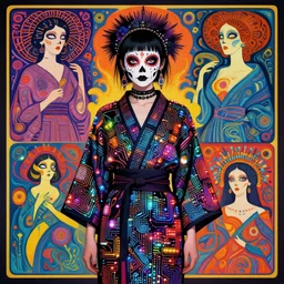 cute punk goth fashion hippy fractal Día de los Muertos alien girl wearing kimono made of circuits and leds by Zhang Jingna, psychedelic poster art by Hannah Höch Käthe Köllwitz Victor Moscoso Rick Griffin Alphonse Mucha Gustav Klimt Ayami Kojima Amano Charlie Bowater
