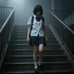 school girl going up the stairs, gloomy and foggy atmosphere, octane render, cgsociety, artstation trending, horror scene, highly detailded