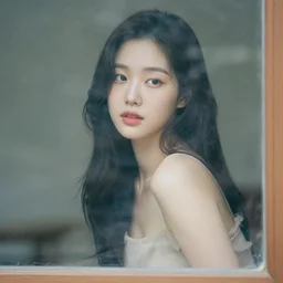 Lee Jin-Eun by Conrad Roset and Nicola Samuri, rule of thirds, seductive look, beautiful, behind her is a transparent window
