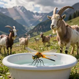dragonfly in a bathtub in the alps, big goat!!!!!!! goats!!!! in the background