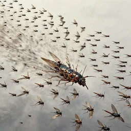 a swarm of humans form an unreal locust formation. they fly in unison as one creature inspired by trypophobia