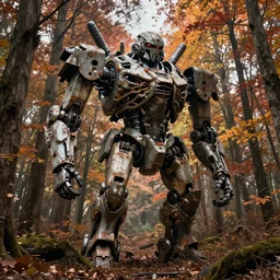 hyper realistic photography of abandoned ruined skeleton giant mecha in the autumn forest moebius, craig mullins, simon stalenhag, jakub rozalski