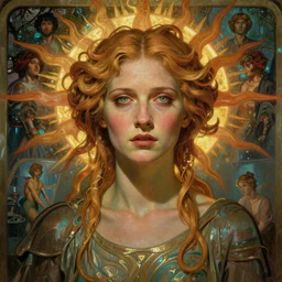 stunning, breathtaking, awe-inspiring award-winning detailed portrait concept art nouveau painting of attractive Tilda Swinton as the goddess of the sun, with anxious, piercing eyes, by Alphonse Mucha, Michael Whelan, William Adolphe Bouguereau, John Williams Waterhouse, and Donato Giancola, cyberpunk, extremely moody lighting, glowing light and shadow, atmospheric, cinematic, 8K