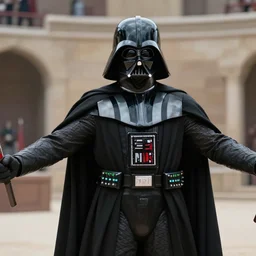 film still of Darth Vader as Maximus in the arena with his arms out saying are you not entertained in Gladiator 2000, 4k
