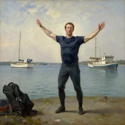 Mark Zuckerberg Crossing the Delaware, oil-on-canvas painting by Emanuel Leutze