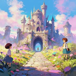 a vibrant emotional digital 3 d cg of stone pathway through portal to dystopian post - apocalyptic abandoned castle, studio ghibli, pixar and disney animation, sharp, disney concept art maximalist splatter paint illustration by shinji kimura and alphonse mucha and alena aenami, iridescent pastel color palette, bloom!!, dramatic lighting