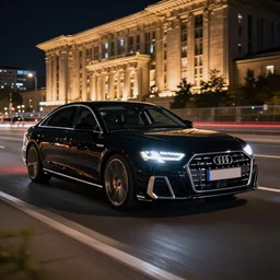 black 2020 audi a8 racing at night in bucharest