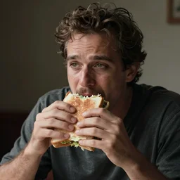 a man eating the last sandwhich while looking sad, realistic photo,