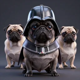 3 d rendered hyper realistic hyper detailed black pug wearing a pug - shaped darth vader helmet, octane render, blender, 8 k