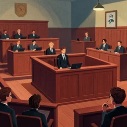 editorial illustration by Karolis Strautniekas and Mads Berg, colorful, courtroom the bench,trial, fine texture,detailed, matte colors,film noir, dramatic lighting, dynamic composition,moody, vivid,voumetric