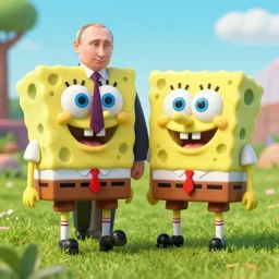 putin walks with spongebob on the lawn, masterpiece. rendered in blender, ultra realistic, smooth shading, ultra detailed, high resolution, 8 k, cinematic, unreal 6