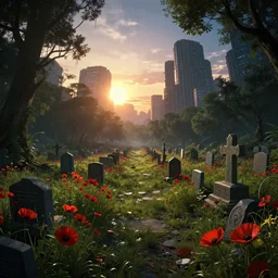 a beautiful photorealistic render of city cemetery by b. v. doshi, nightvision fisheye lightpaint morning sun tokyo elysian anime reclaimed by nature sunlight sunset rainforest hyperrealism poppy futuristic azeroth matte painting synthwave desert postcyberpunk at dusk at night dramatic lighting biopunk, archdaily, wallpaper, highly detailed, trending on artstation.