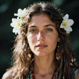 out of focus photorealistic portrait of a beautiful hippie woman by saul leiter, very blurry, white flowers in the hair