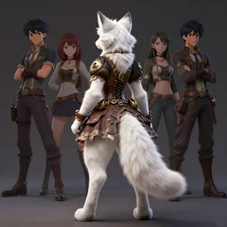 wide angle beautiful full body portrait of a strong female anthropomorphic anthro lynx fursona wearing a steampunk dress. from behind, character design by disney, anime, manga, charlie bowater, ross tran, artgerm, and makoto shinkai, detailed, soft lighting, rendered in octane, white fur