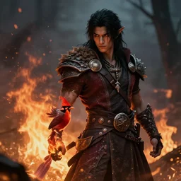 wildfire druid d & d male black hair with red flame cardinal