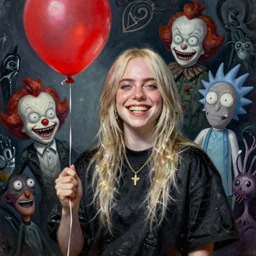 grunge painting of a billie eilish with a wide smile and a red balloon by Zdzisław Beksiński, loony toons style, pennywise style, corpse bride style, rick and morty style, creepy lighting, horror theme, detailed, elegant, intricate, conceptual, volumetric light