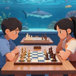 a boy and a girl playing chess in a chess competition while the background is an aquarium with fishes and a shark