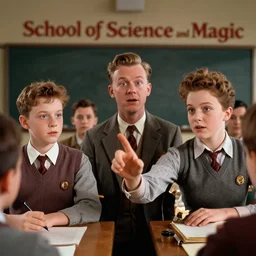 sharp, highly detailed, film still from a sci fi blockbuster color movie, set in 1 9 5 5 in an alternate universe, a lesson on magic, in a classroom at the'school of science and magic ', 1 9 5 0 s era clothes, good lighting, in focus, cinematic still, high quality scan, in focus, detailed eyes, realistic faces, award winning lighting