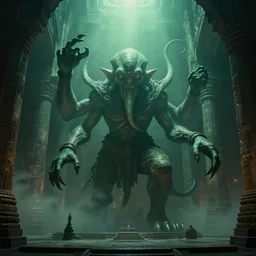 cinematic film still, inside an huge ancient temple, Cthulhu, ancient, green ambient light, light mist, lovecraftian 4k C 10.0