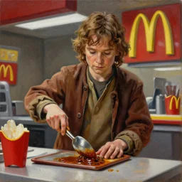 film still of frodo working at mcdonalds in the new avengers movie, oil on canvas, intricate, 8 k highly professionally detailed, hdr, cgsociety